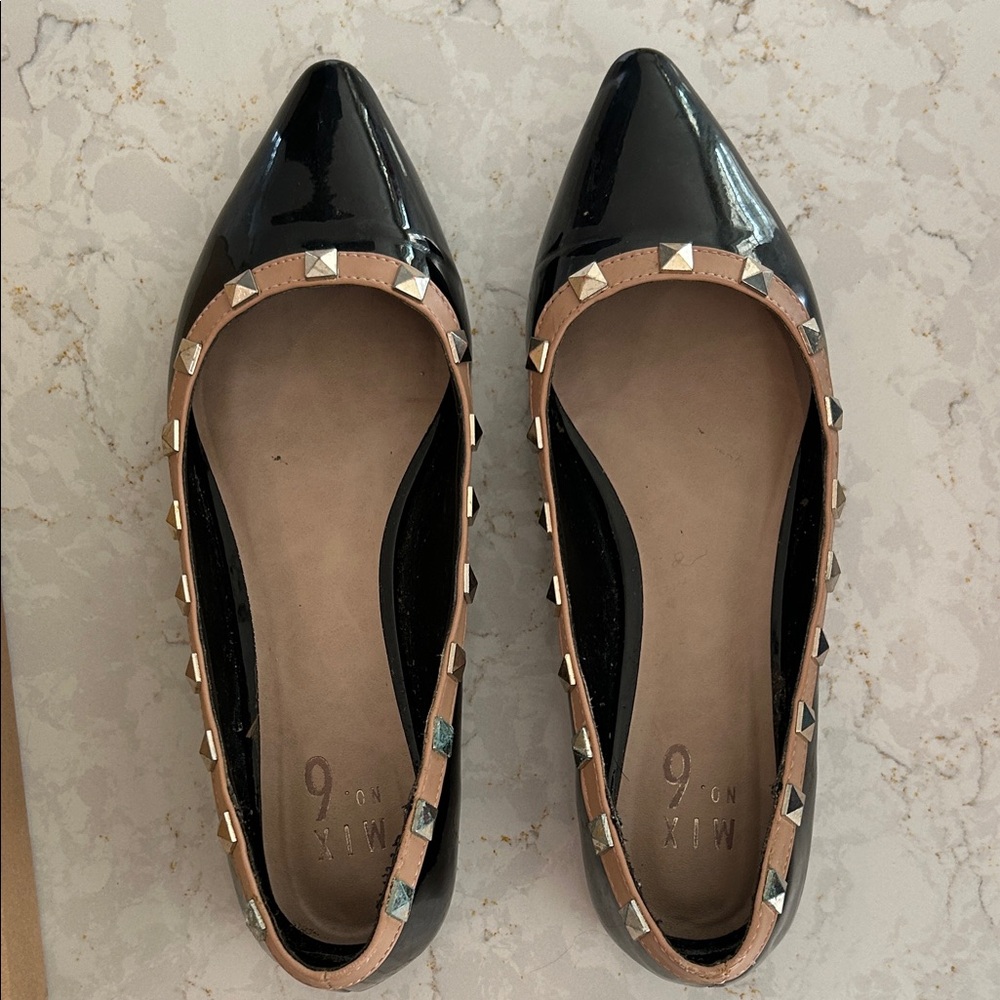 Mix No. 6 Black Patent Flats with Gold Studs